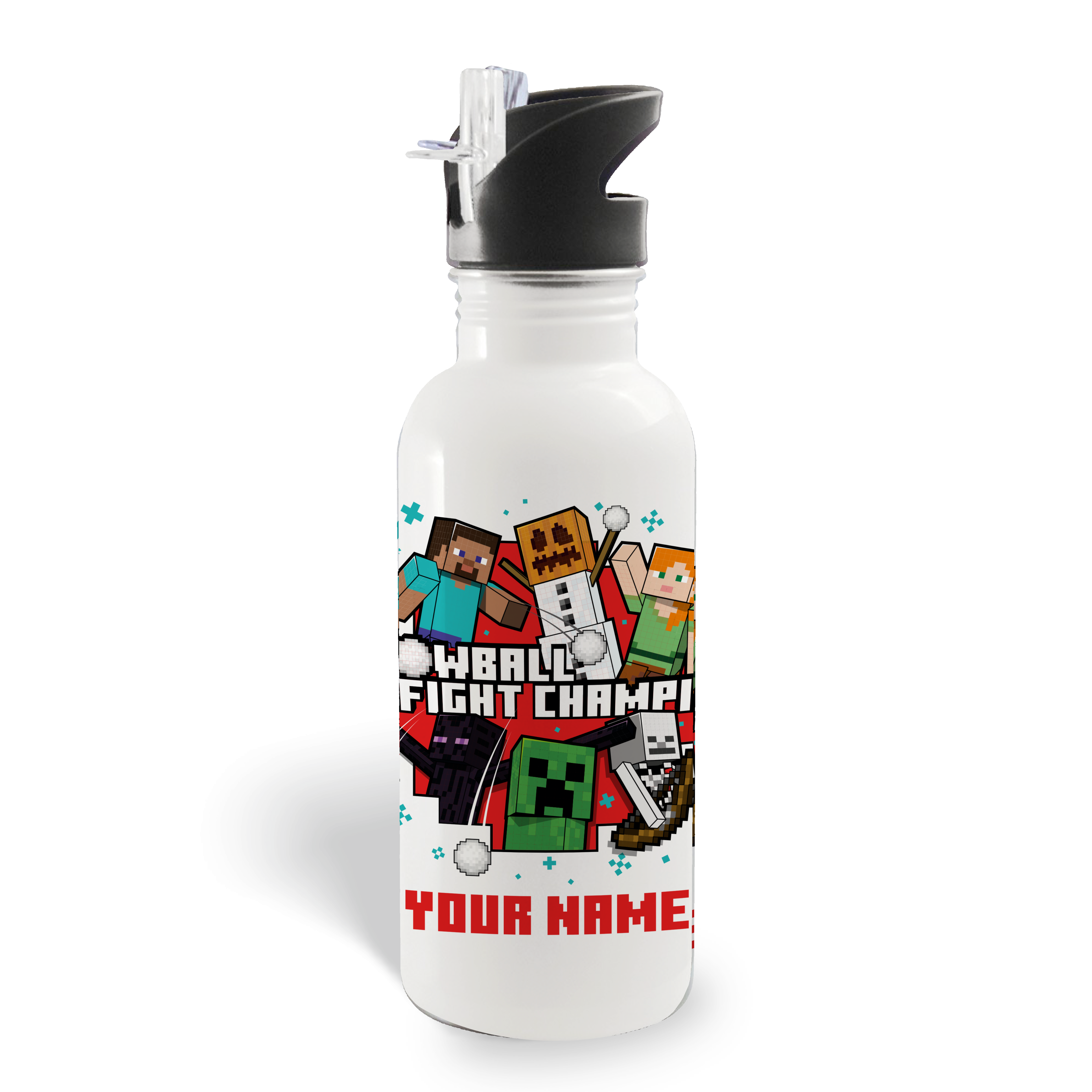 Minecraft Snowball Champ Personalized 20 oz Screw Top Water Bottle with Straw