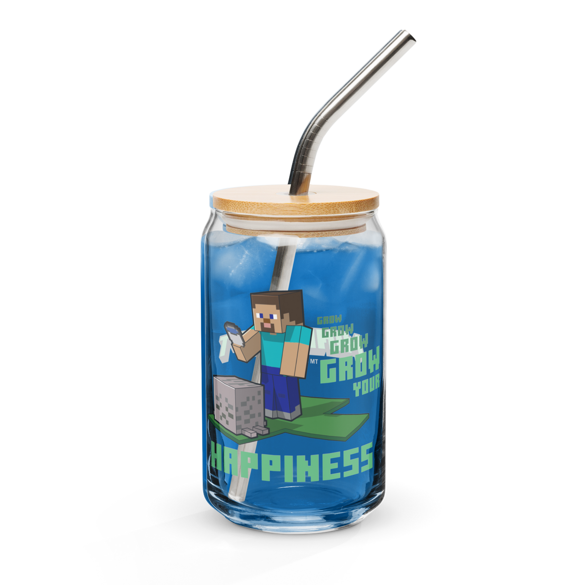 Minecraft Grow Your Happiness Can-Shaped Glass with Lid and Straw